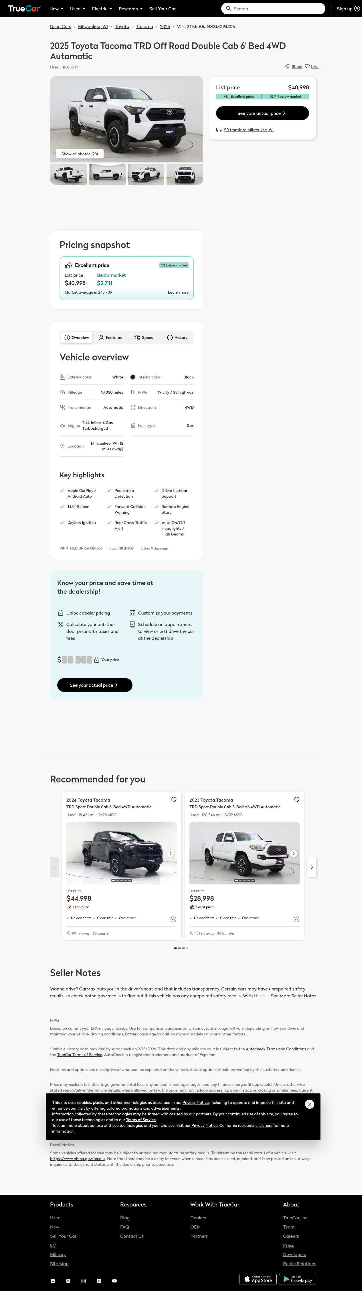 Screenshot of TrueCar listing VIN 3TMLB5JNXSM094306