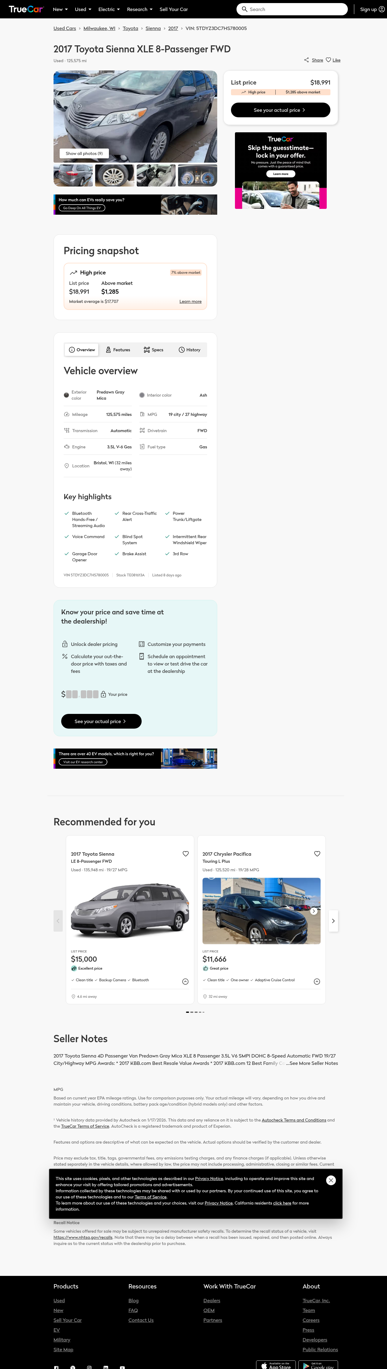 Screenshot of TrueCar listing VIN 5TDYZ3DC7HS780005