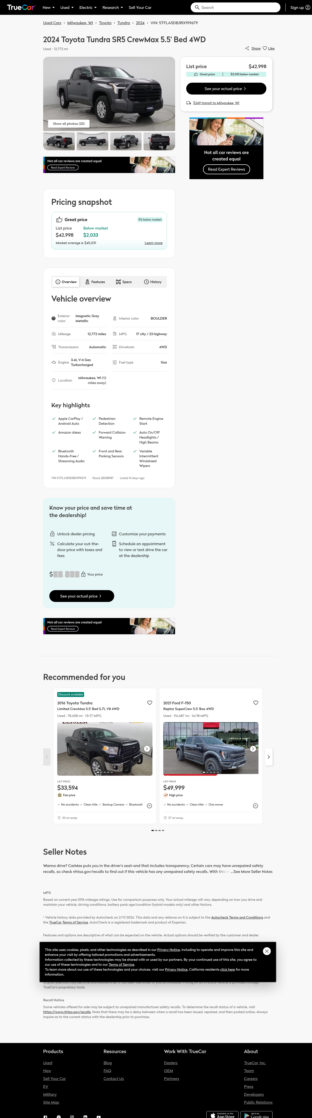 Screenshot of TrueCar listing VIN 5TFLA5DB3RX199679